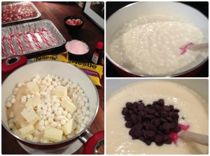 Steps to make your own easy Peppermint Bark Fudge! (Clockwise from L: Assemble, cook, mix)