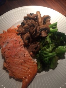 salmon, mushroom and broccoli