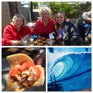 The Nosy Parker family with Sandy, Ocean mural & fish taco at Santa Rosa Seafood Restaurant (Clockwise from top)