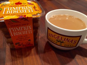 Trader Joe's Pumpkin Biscotti and a mug of chai